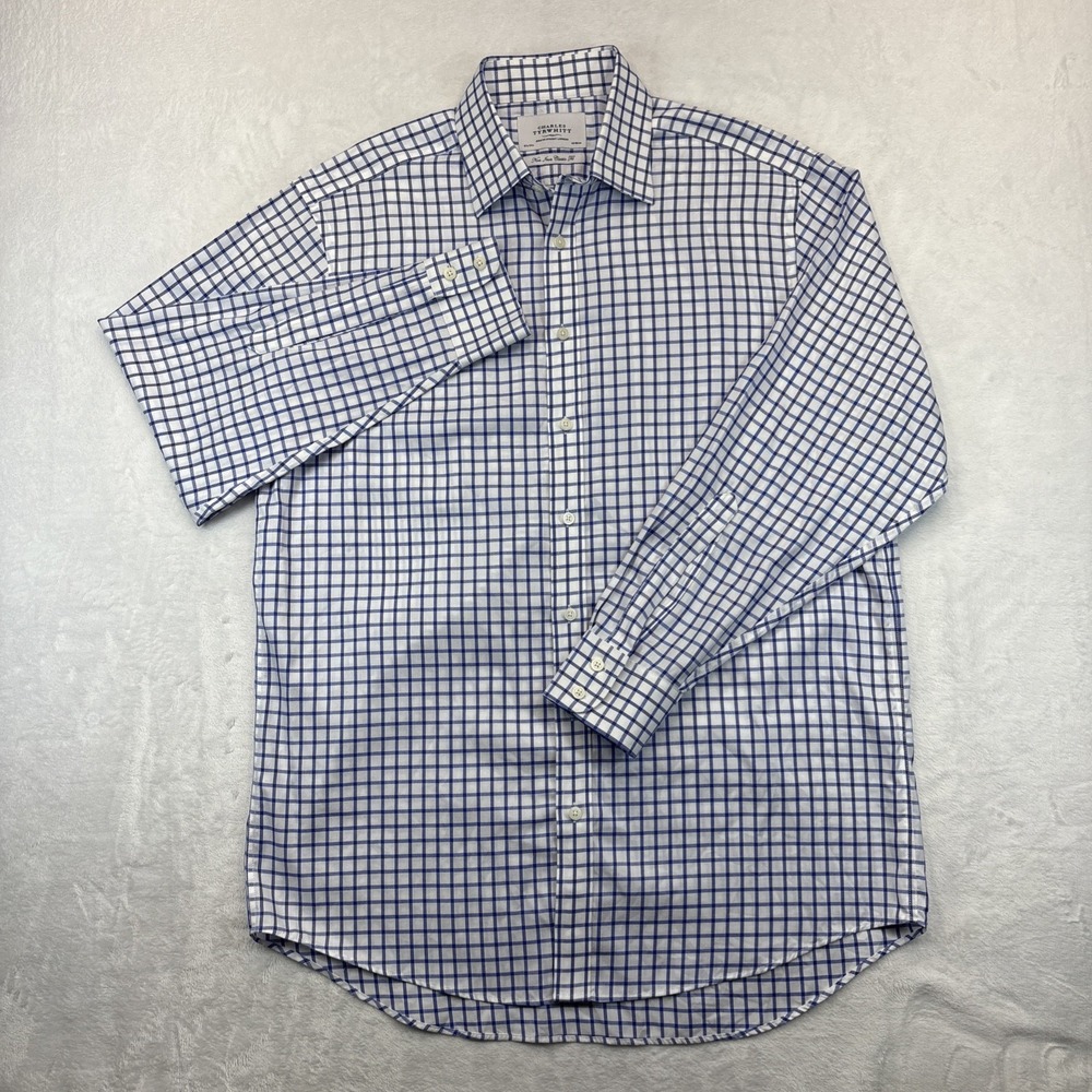 Charles Tyrwhitt Blue Windowpane Check Dress Shirt Mens 16.5/34 Preppy